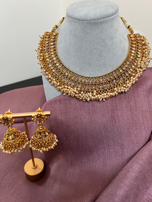 Choker golden kundan stone hanging ivory pearls necklace set with earrings N3055