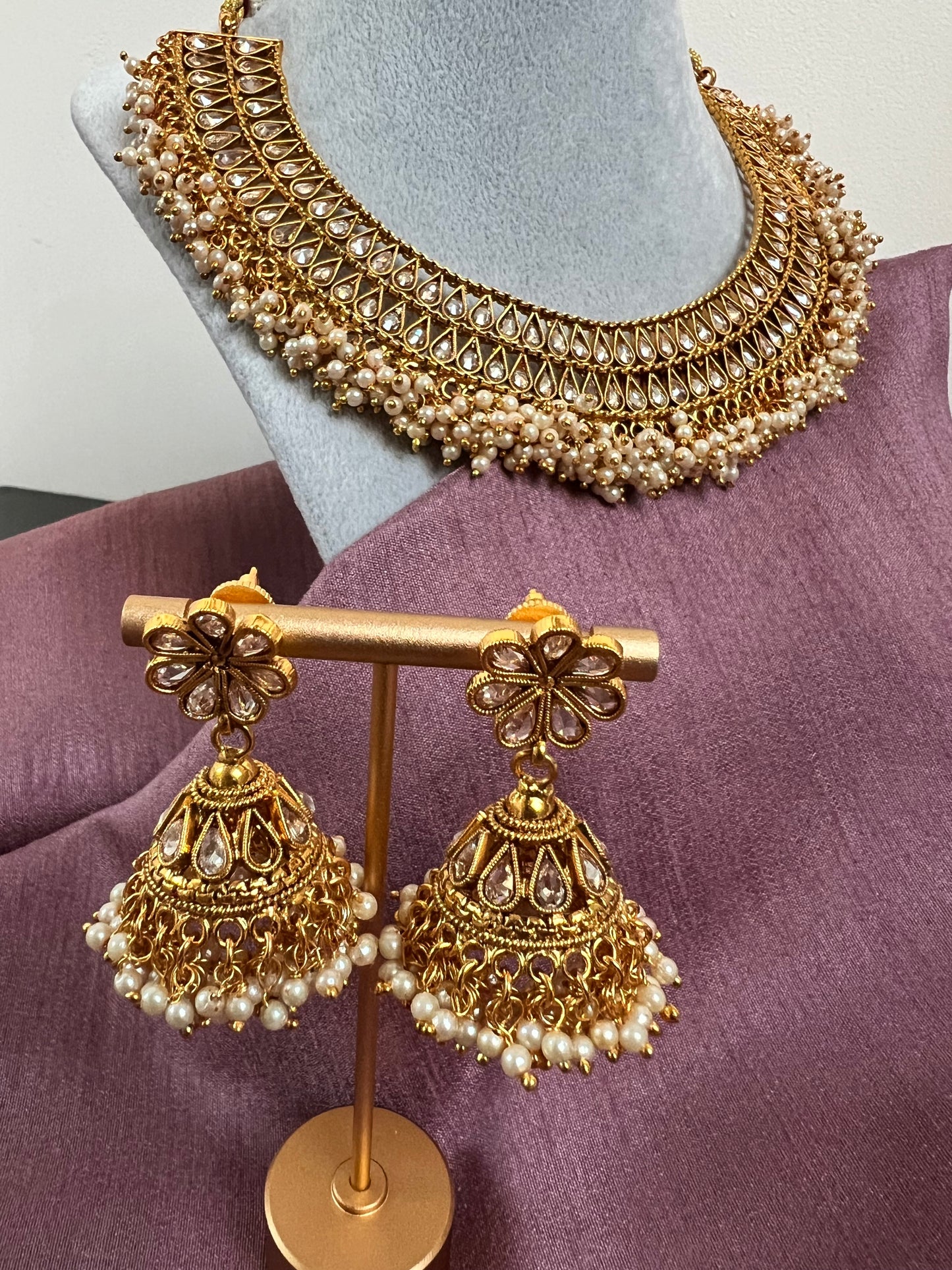 Choker golden kundan stone hanging ivory pearls necklace set with earrings N3055