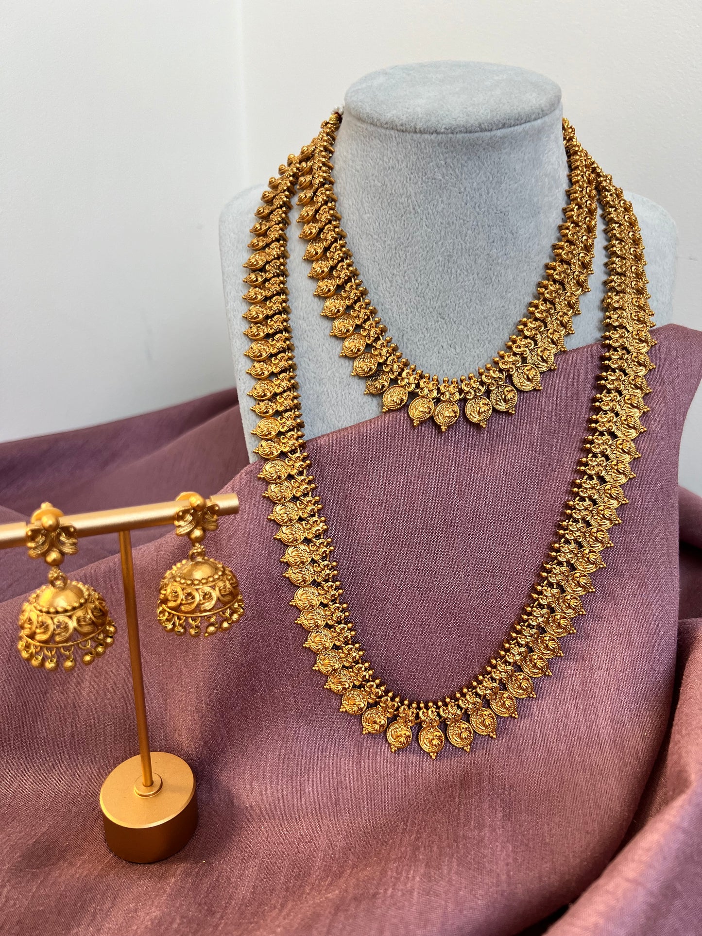 Matte gold short and long necklace with earrings N3038