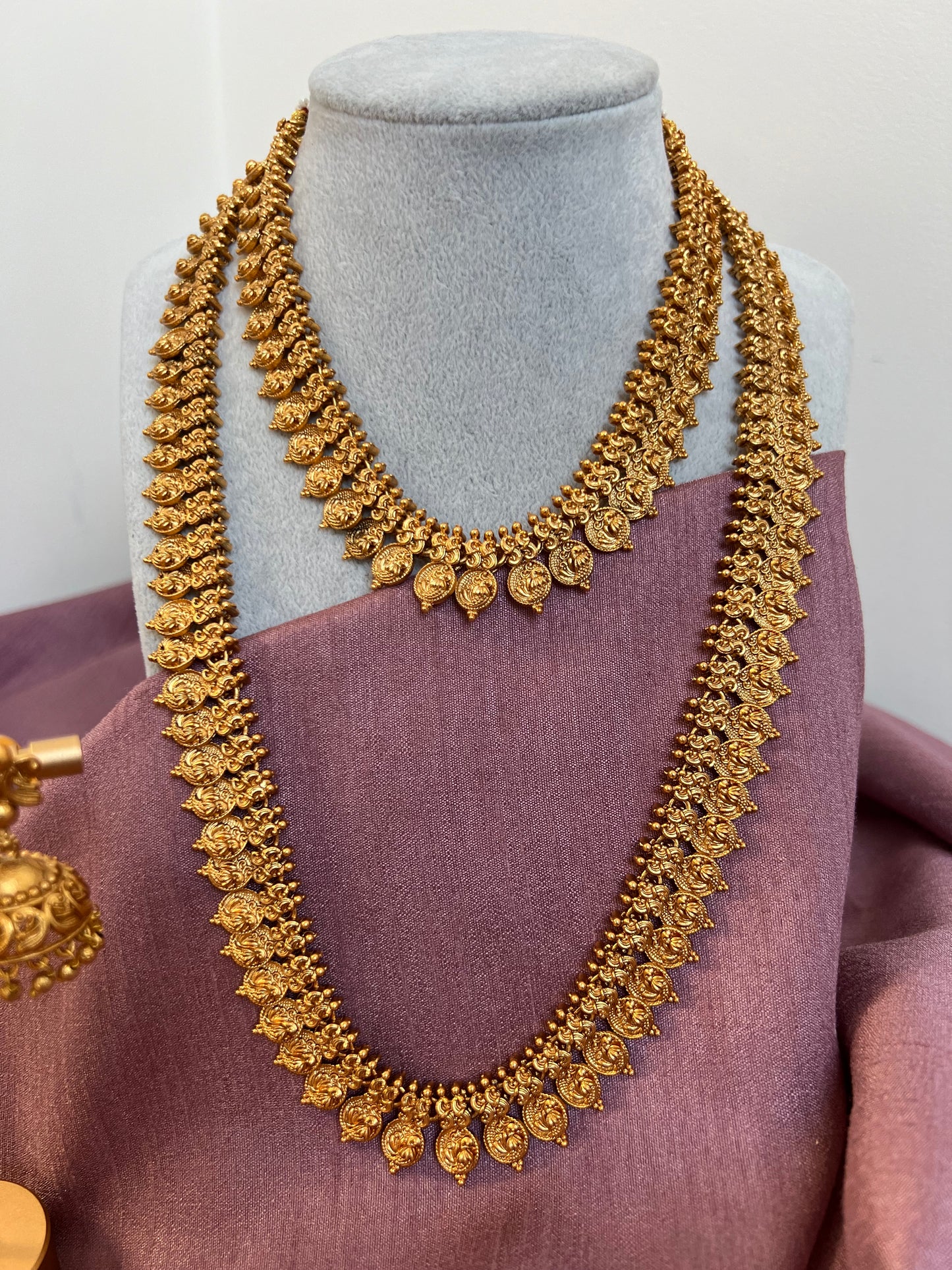 Matte gold short and long necklace with earrings N3038
