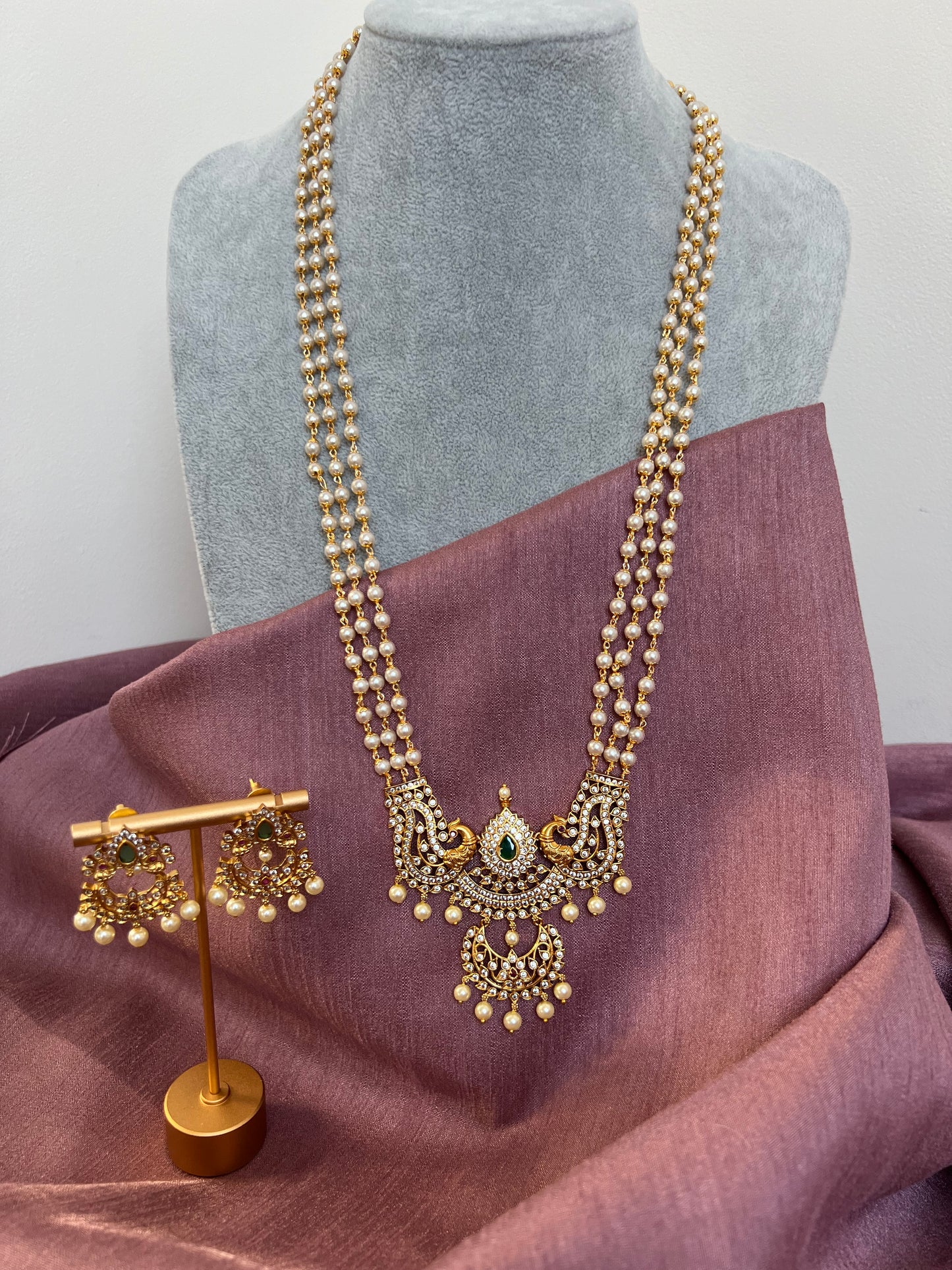 Pearl chain haram necklace set with matching earrings N3035