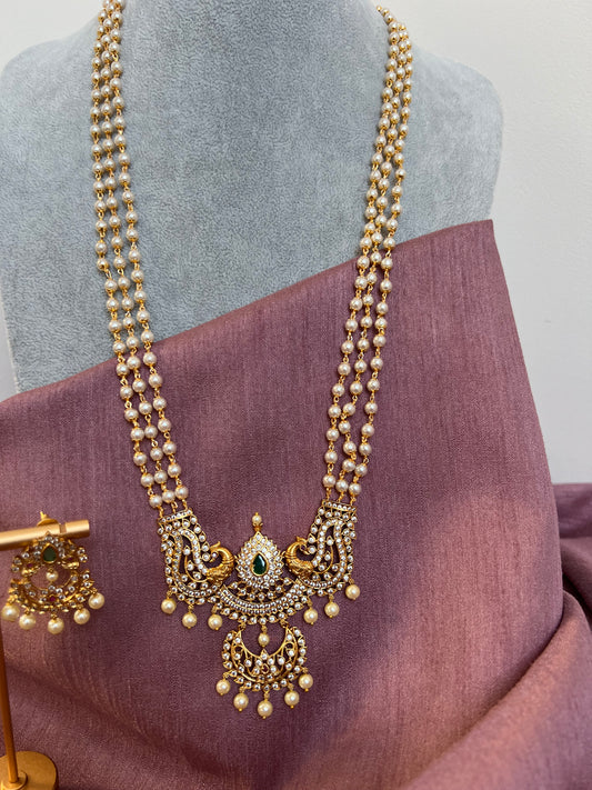 Pearl chain haram necklace set with matching earrings N3035