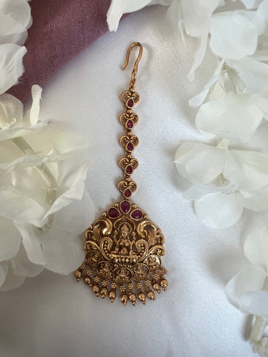 Antique temple matte gold plated ruby stone maang tikka T3012