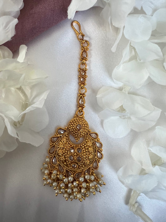 Antique gold plated tikka with pearls T3002