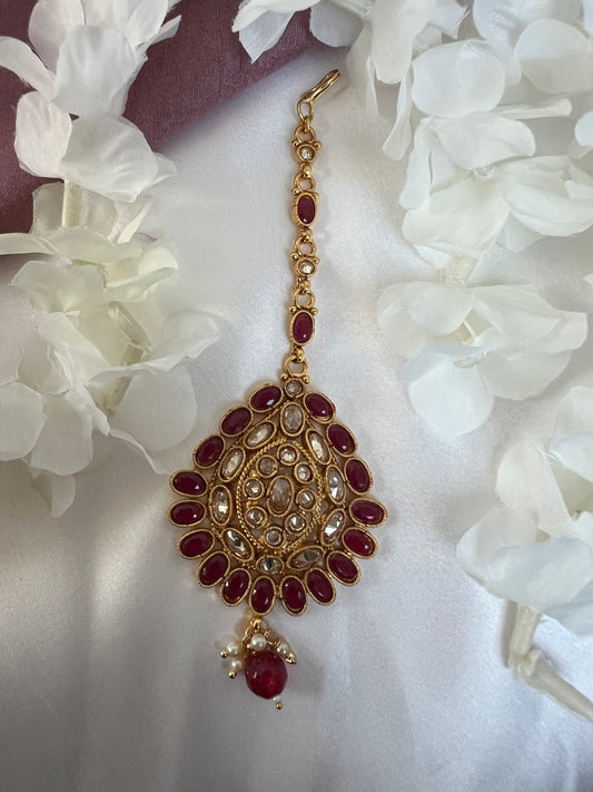 Gold plated ruby clear stone white pearl maang tikka T3011