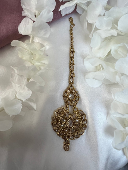 Antique mehndi plated clear stoned tikka T3010