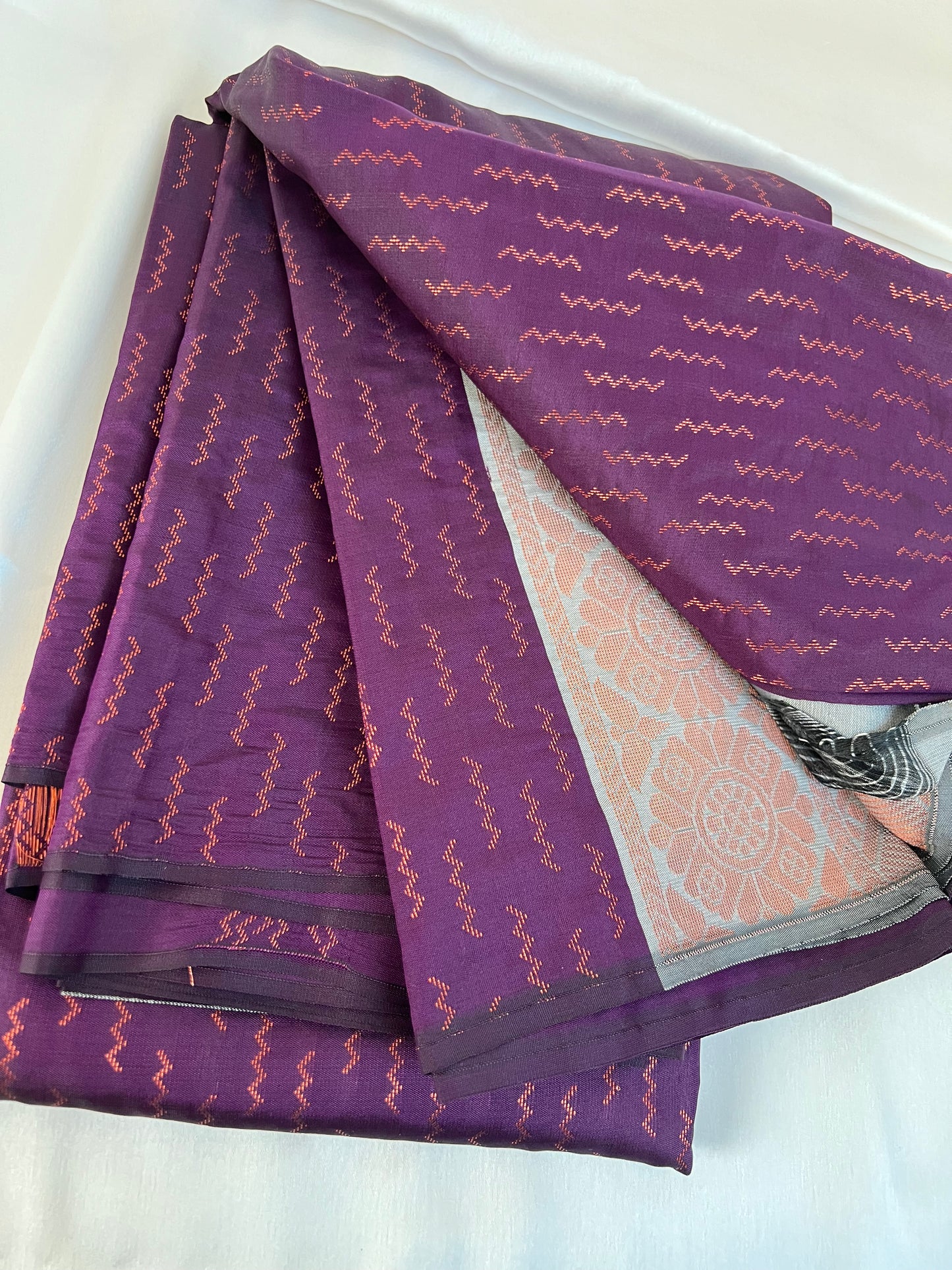Purple soft silk saree woven with copper threads with grey blouse/headpiece S3002
