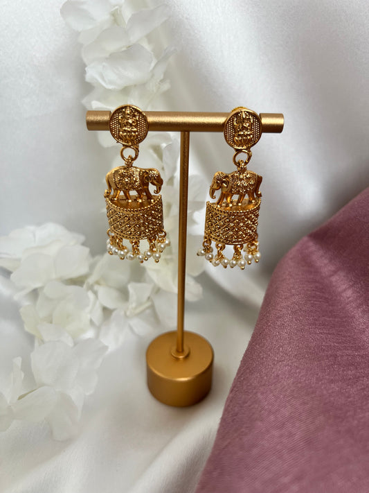 Antique elephant temple earrings with gold plating and hanging small white pearls E3005
