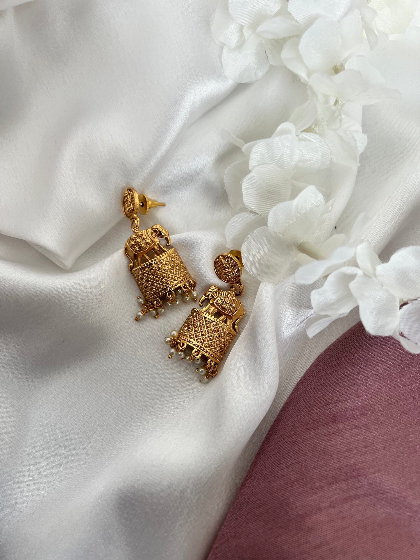 Antique elephant temple earrings with gold plating and hanging small white pearls E3005