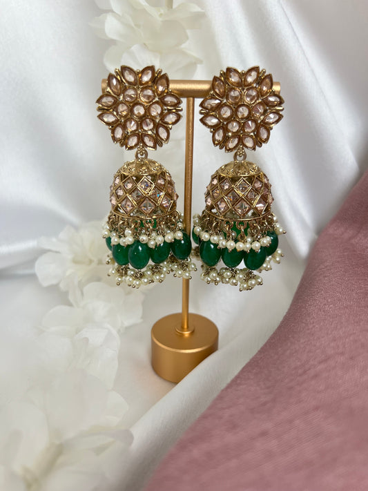 Mehndi plated gold and green jhumka earrings E3015