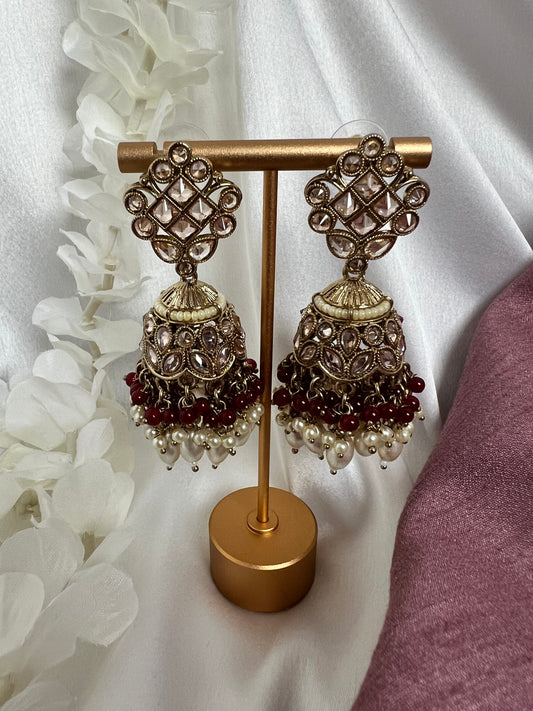 Antique mehndi plated maroon pearl jhumka earrings E3009
