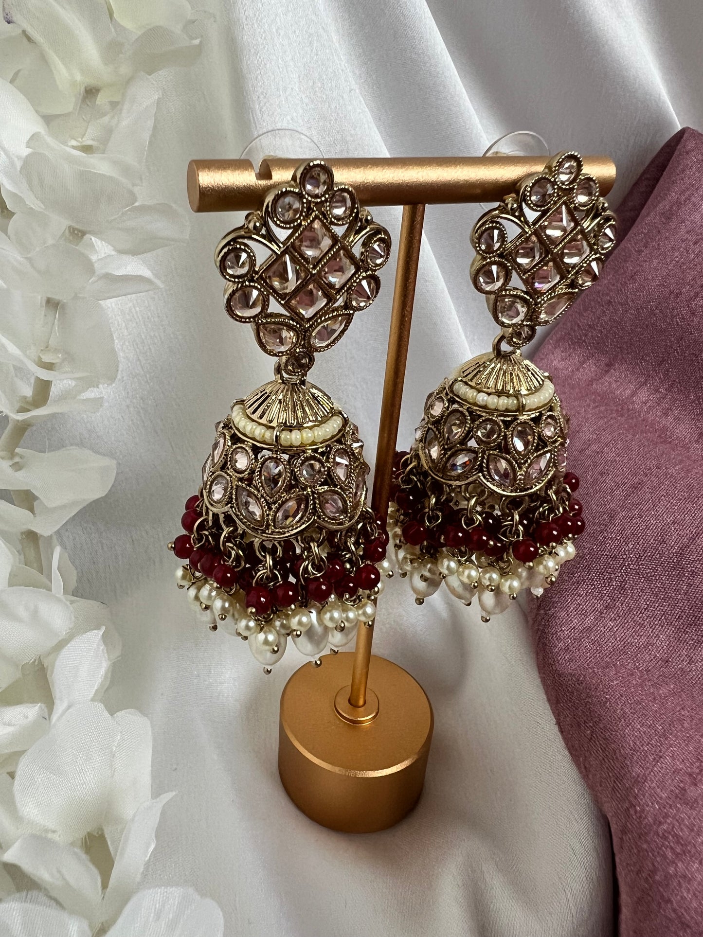 Antique mehndi plated maroon pearl jhumka earrings E3009