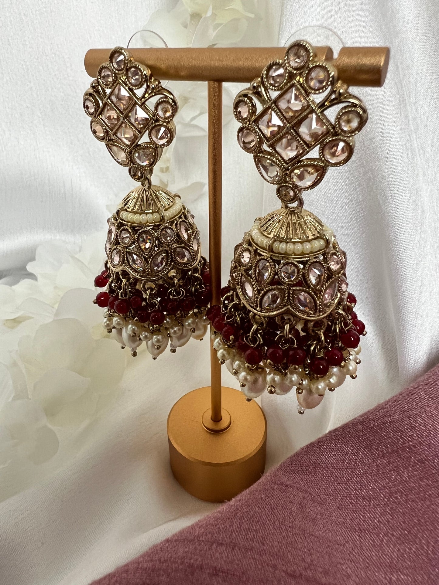 Antique mehndi plated maroon pearl jhumka earrings E3009