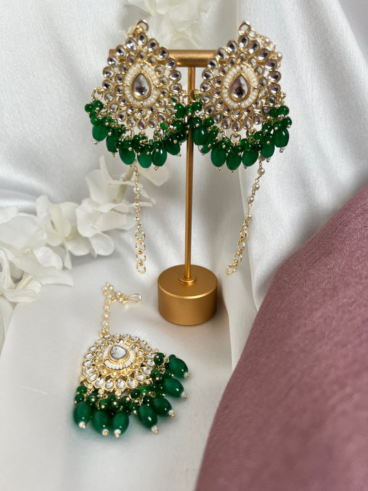 Kundan stoned green beaded earring and tikka set in forest green ET3005