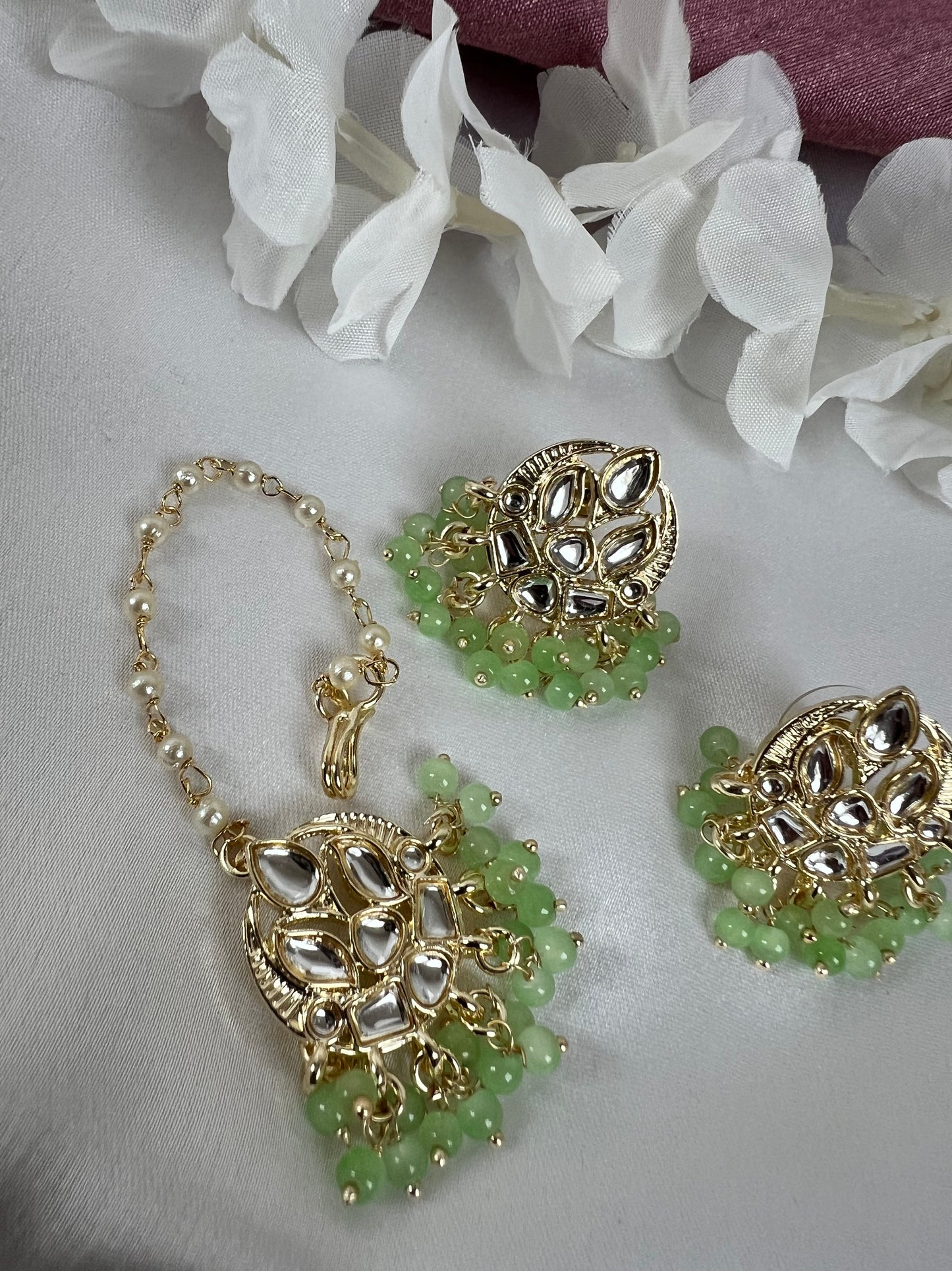 Small earring and tikka set with mint green beads ET3006