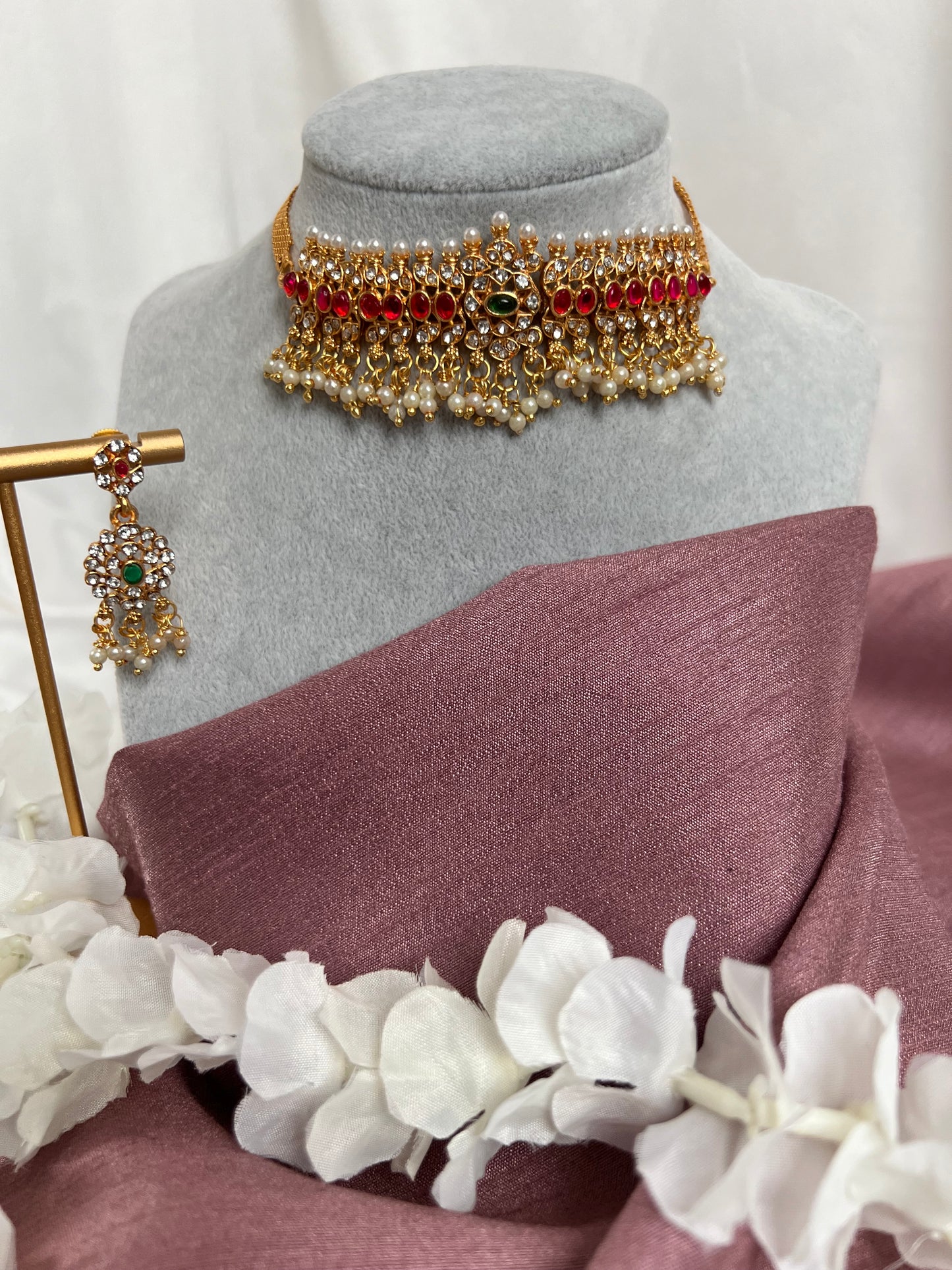 Choker red stoned necklace set with matching earrings N3089