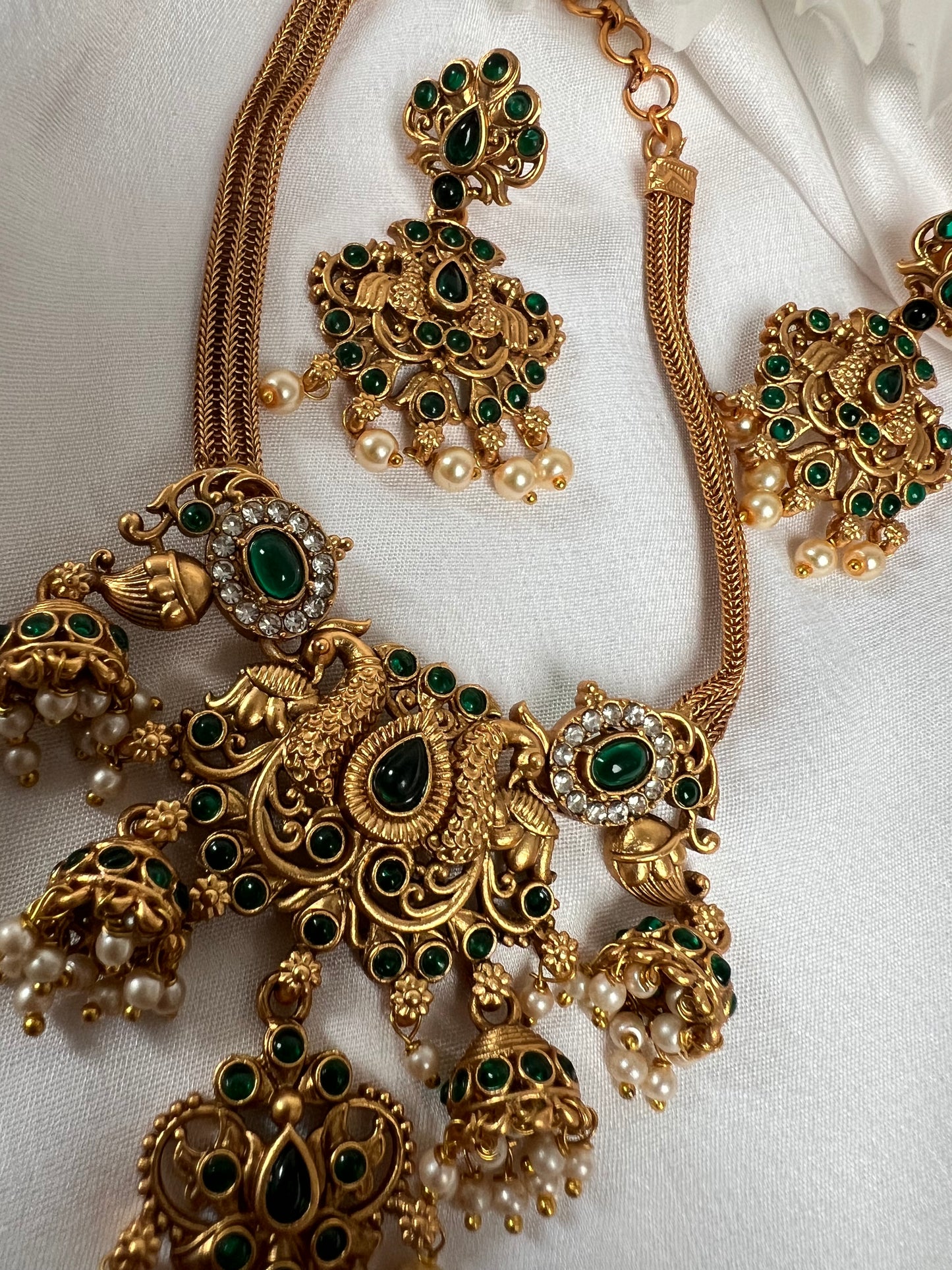Short jhumka necklace set in green with matching earrings N3087