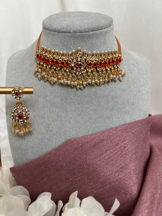 Choker red stoned necklace set with matching earrings N3089