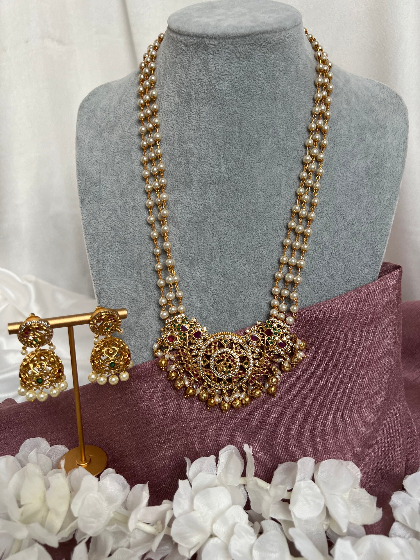 Long pearl haram necklace set with matching jhumka earrings N3069