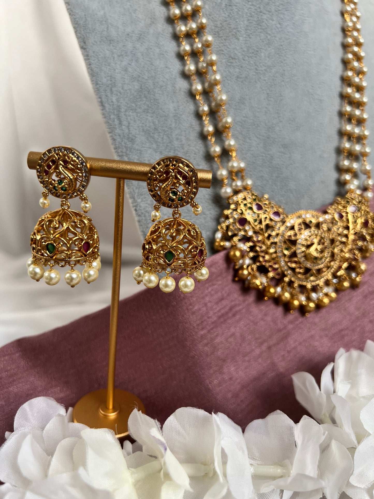 Long pearl haram necklace set with matching jhumka earrings N3069