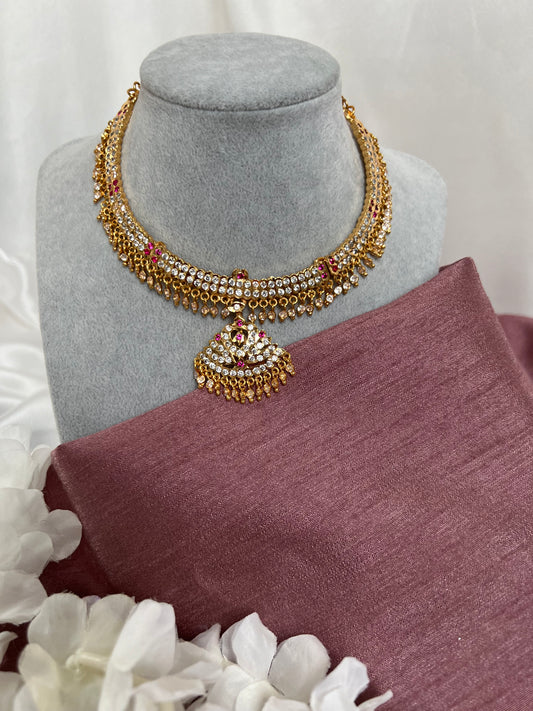 Attigai impon two layered ruby stoned choker necklace N3070