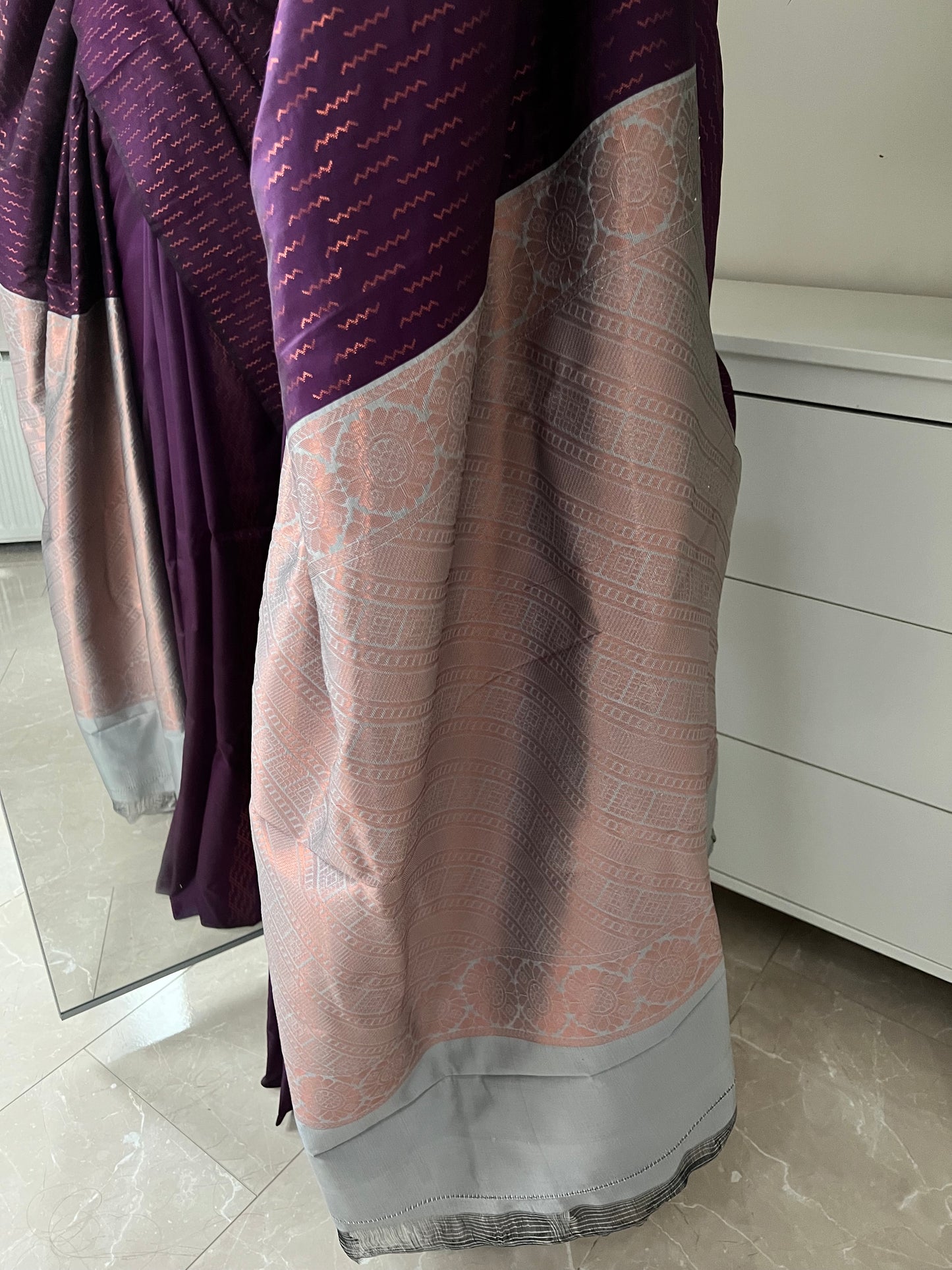 Purple soft silk saree woven with copper threads with grey blouse/headpiece S3002