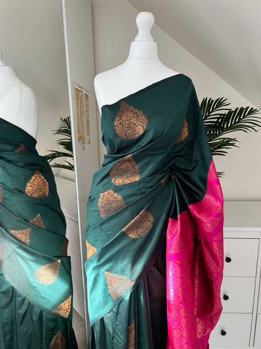 Forest green soft silk saree with pink blouse/headpiece S3004