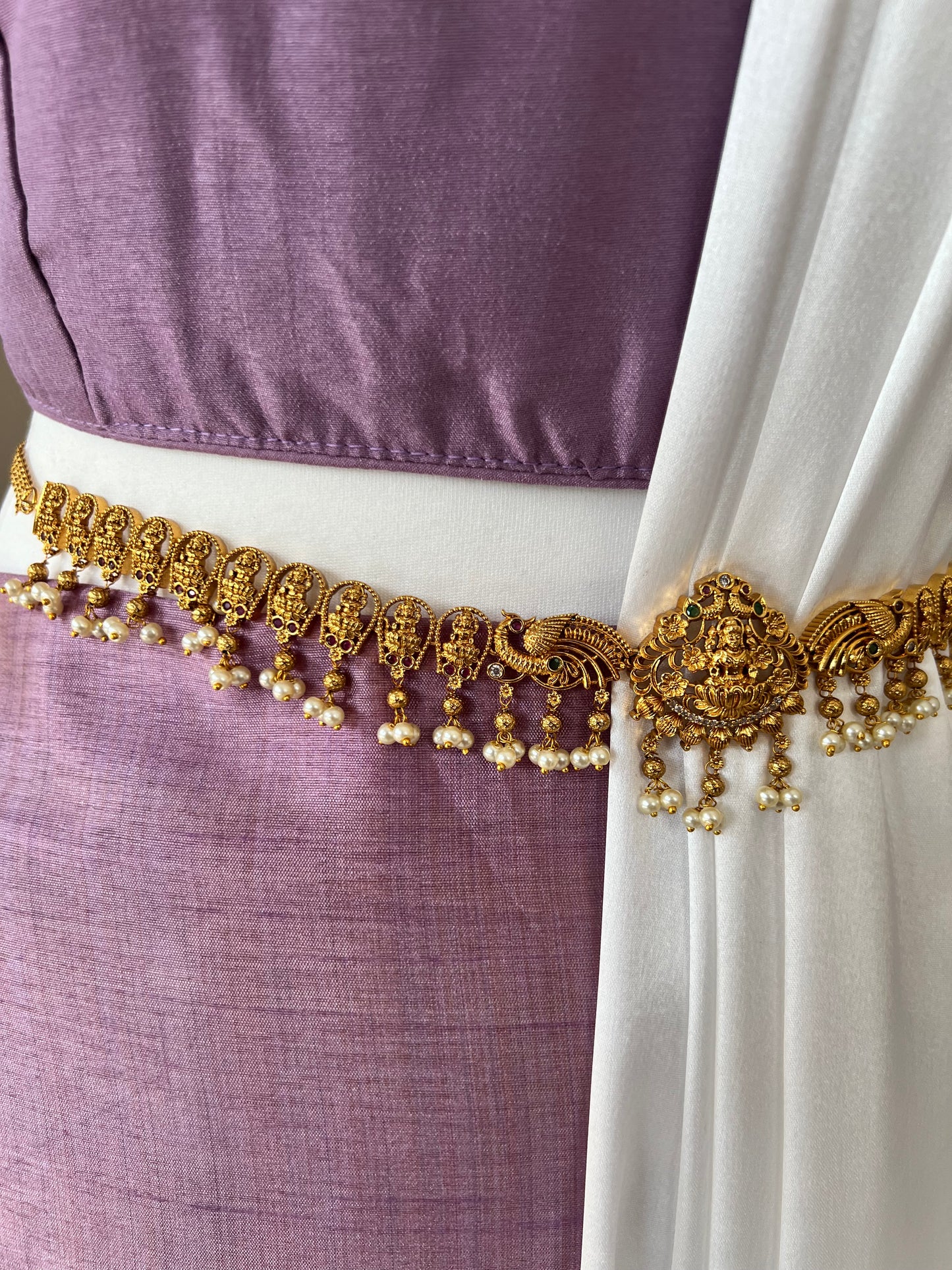 Antique temple gold plated waistchain with pearls and stones W3006