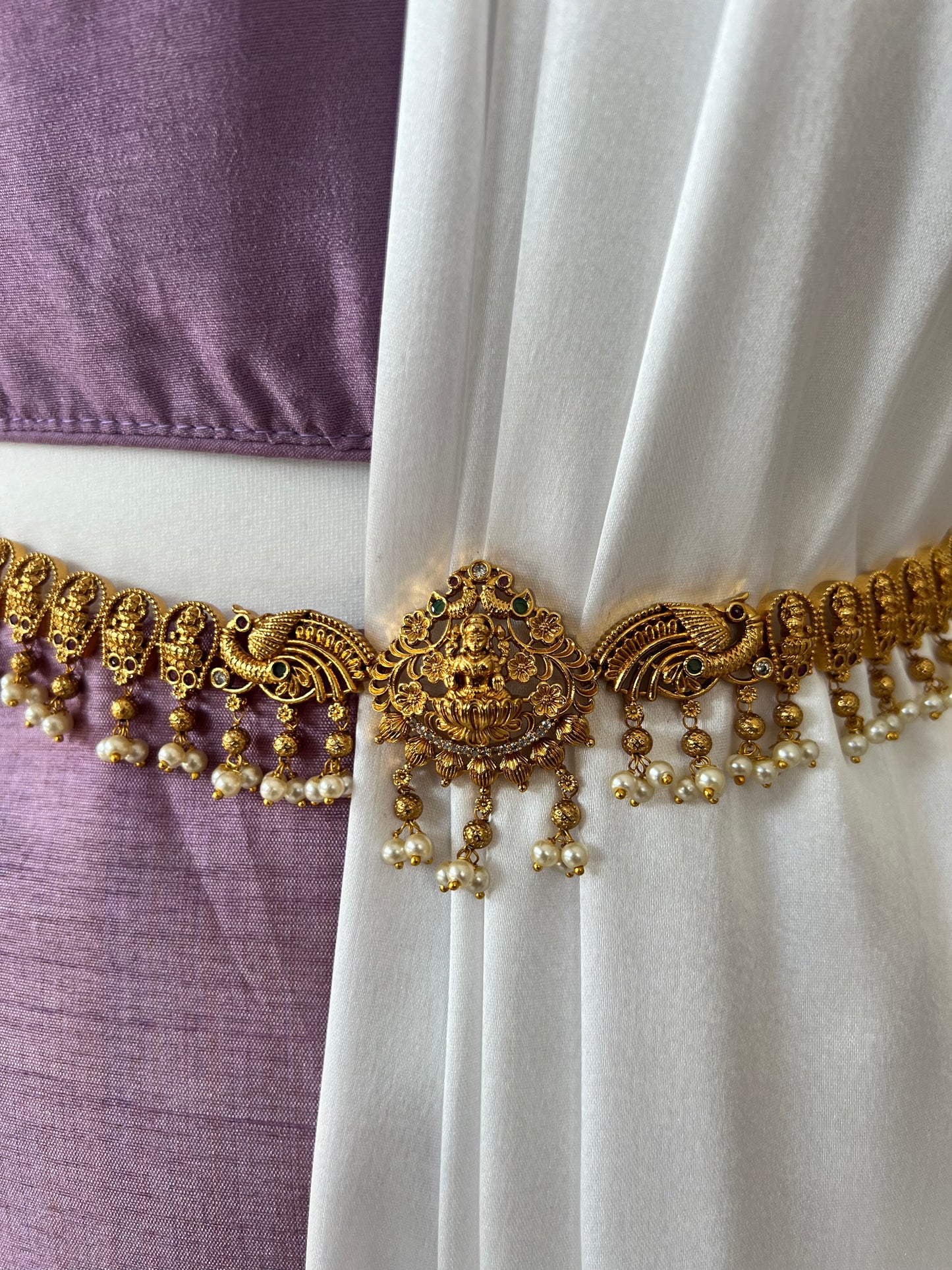 Antique temple gold plated waistchain with pearls and stones W3006