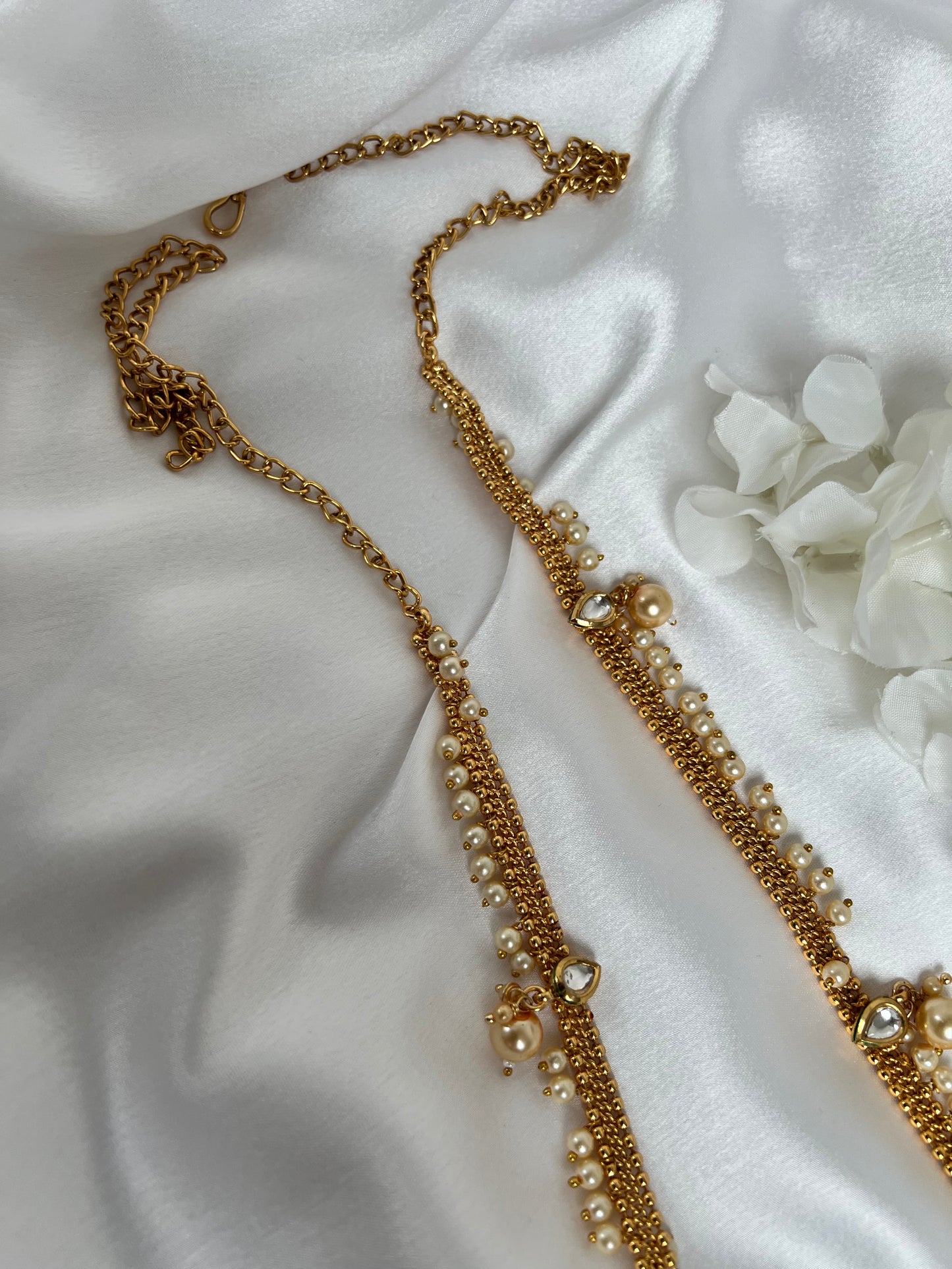 Antique gold plated waistchain with kundan tear drop shaped stones and pearls W3017