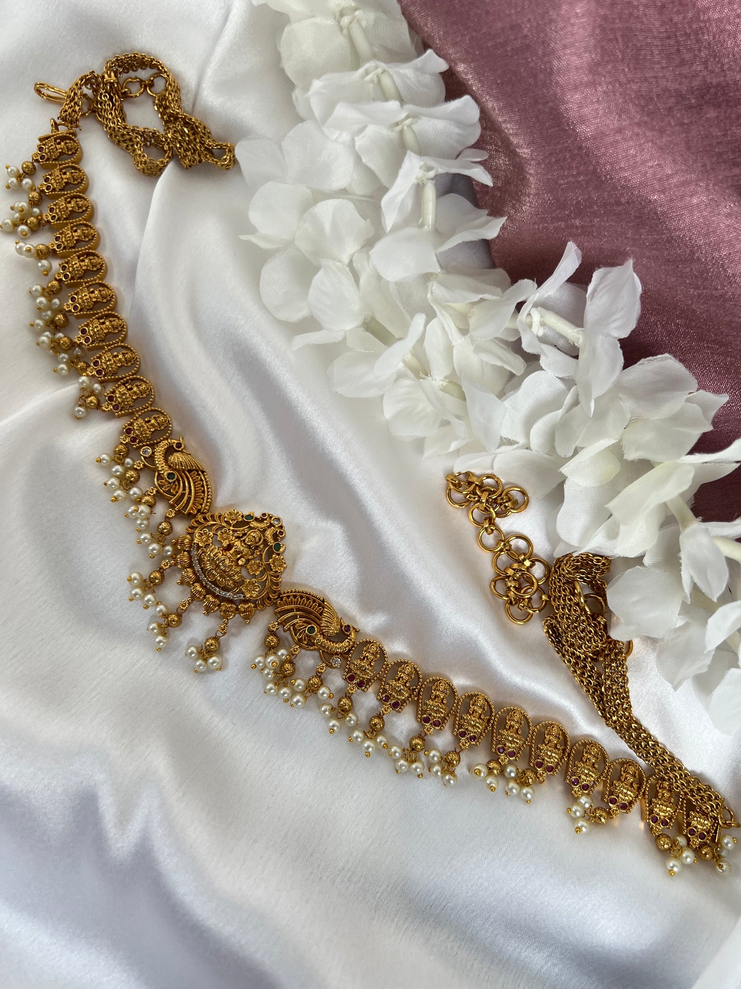 Antique temple gold plated waistchain with pearls and stones W3006