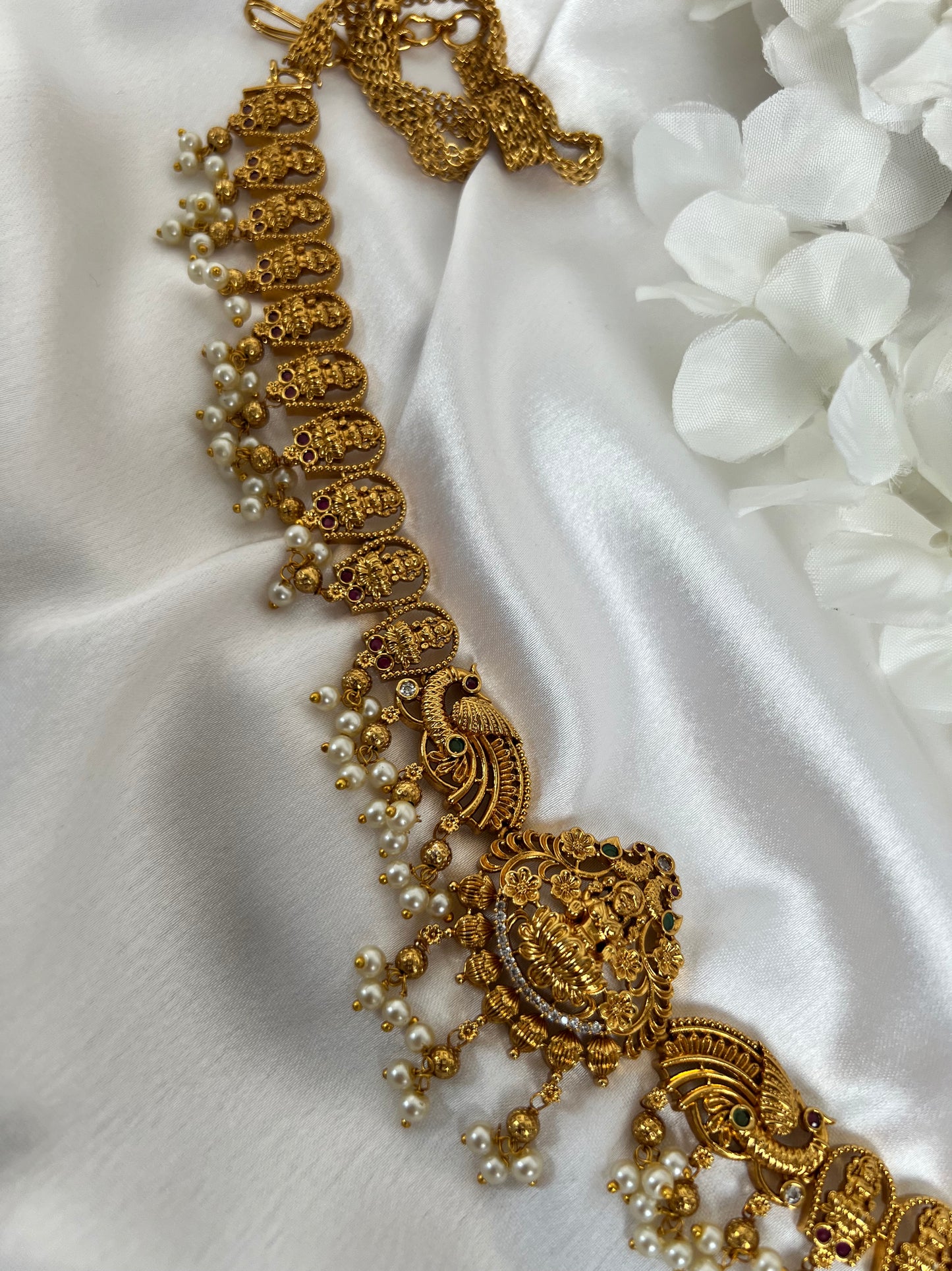 Antique temple gold plated waistchain with pearls and stones W3006