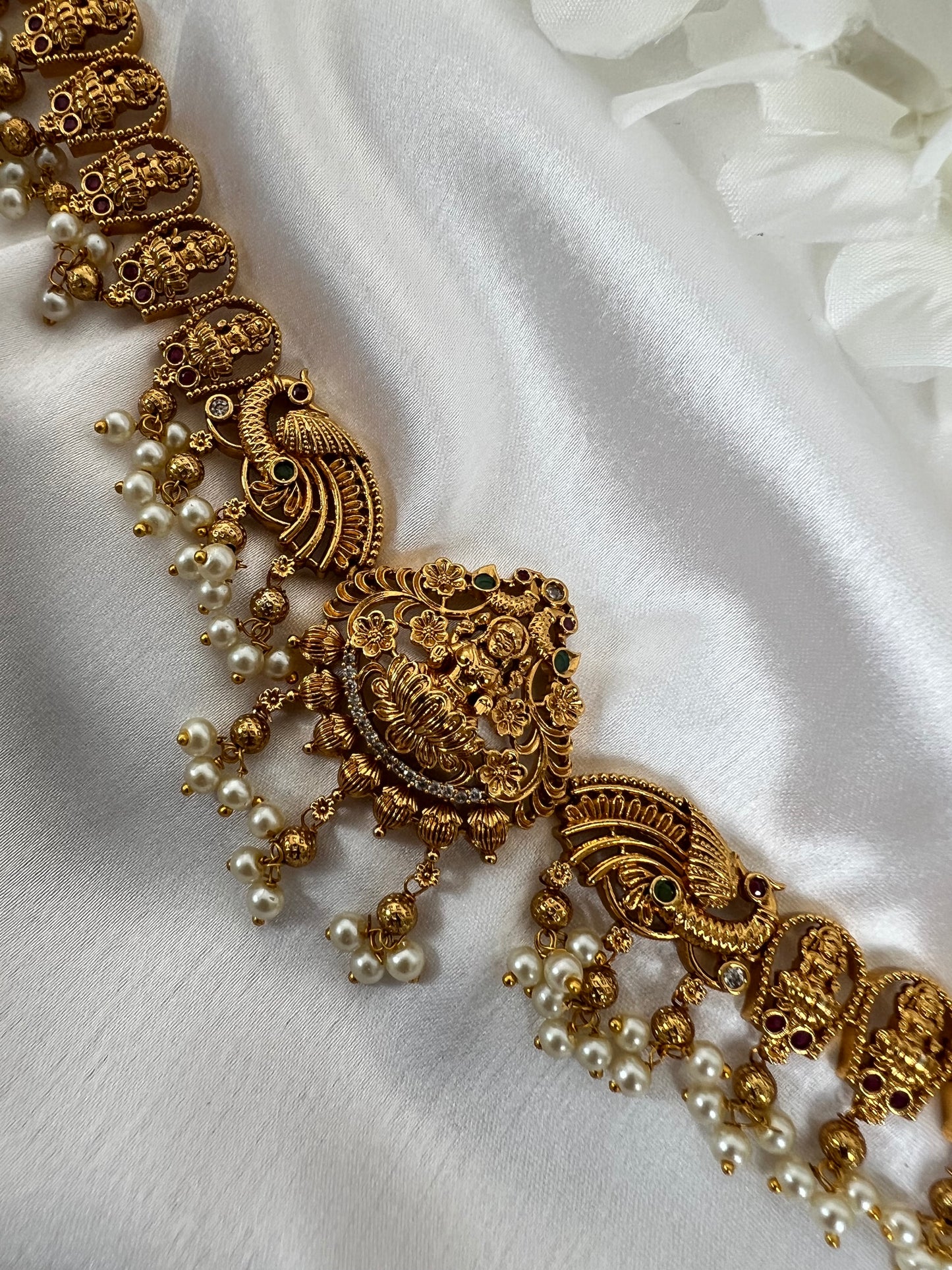 Antique temple gold plated waistchain with pearls and stones W3006