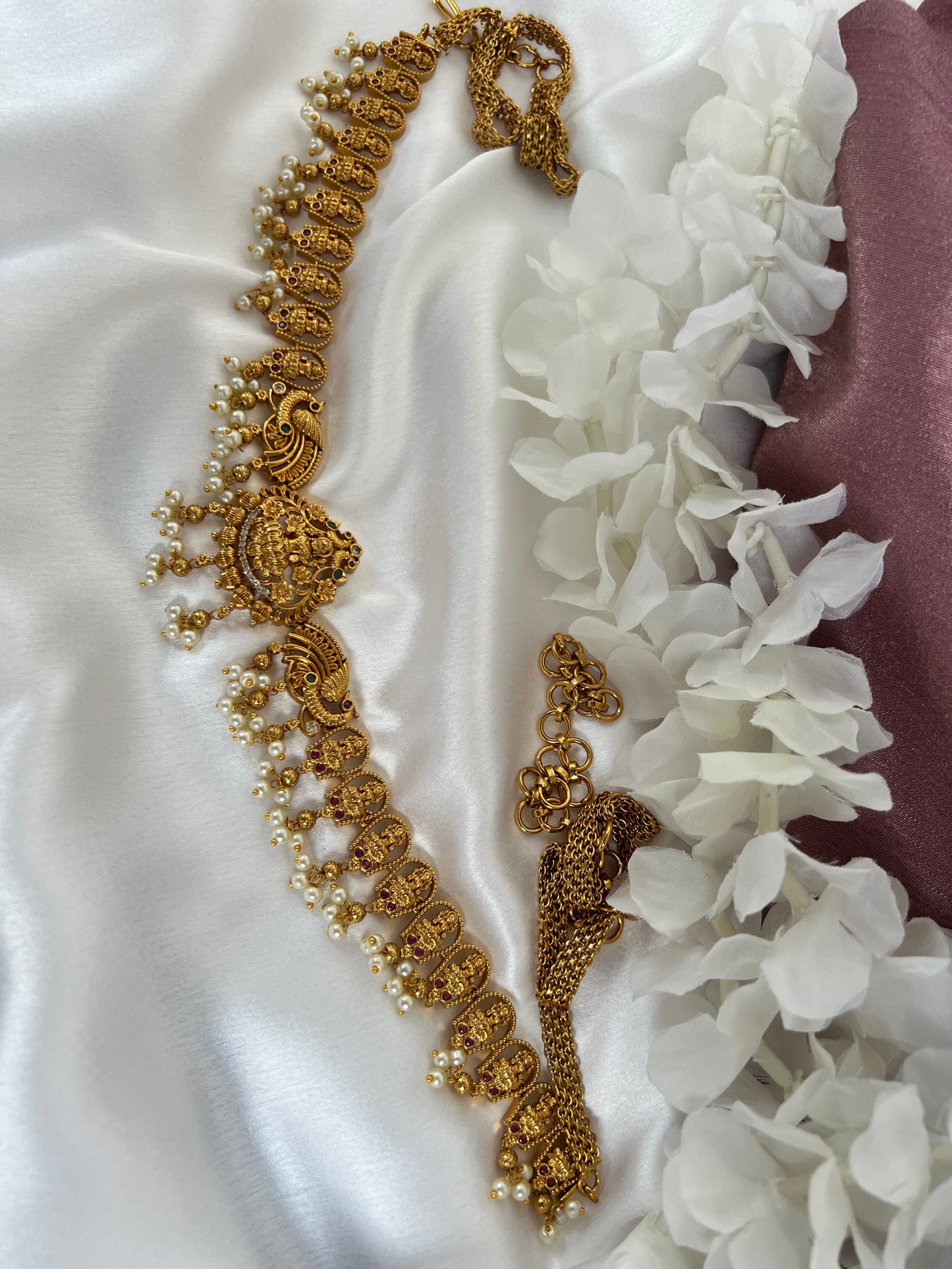 Antique temple gold plated waistchain with pearls and stones W3006