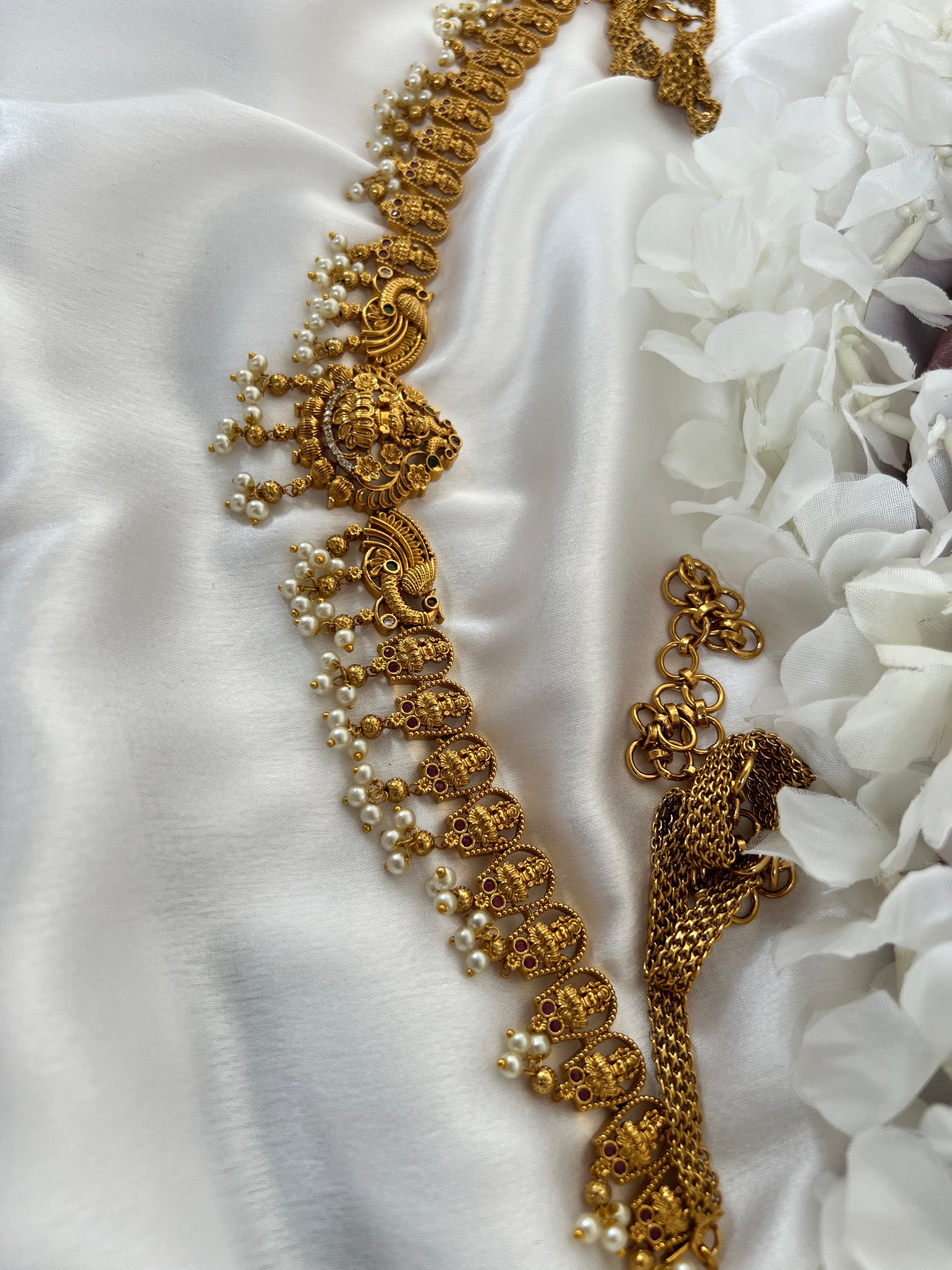 Antique temple gold plated waistchain with pearls and stones W3006