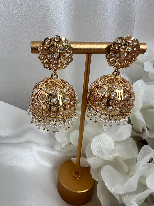 Gold plated white stone pearl jhumka earrings E3023