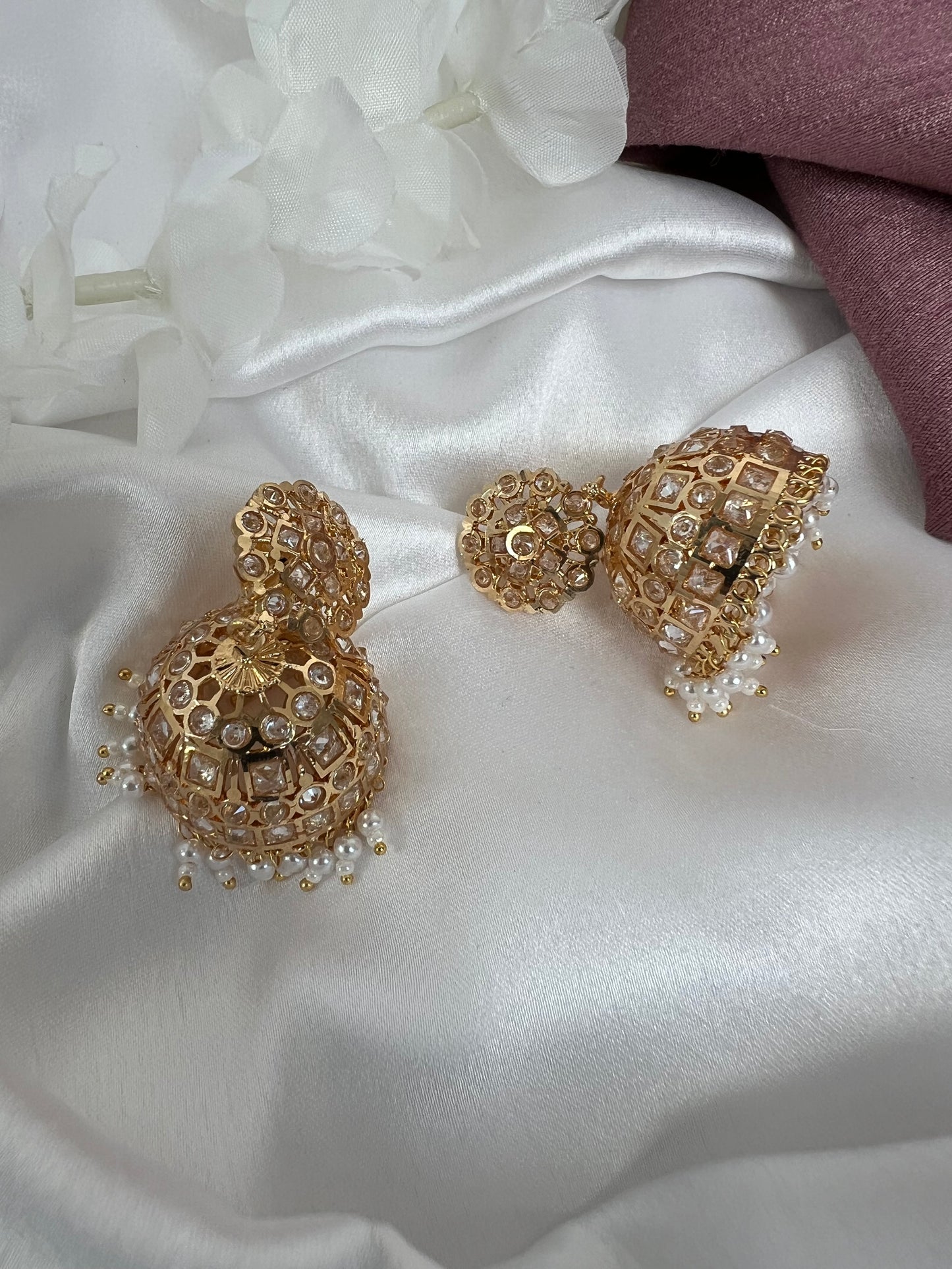 Gold plated white stone pearl jhumka earrings E3023