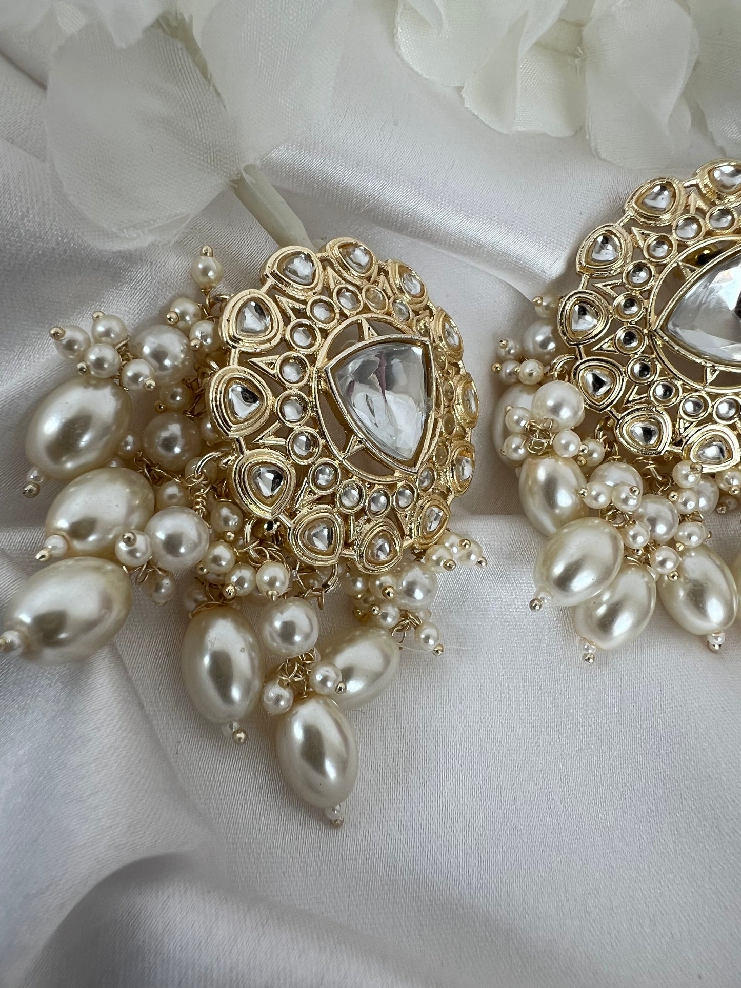 white gold pearl kundan stone earrings E3032