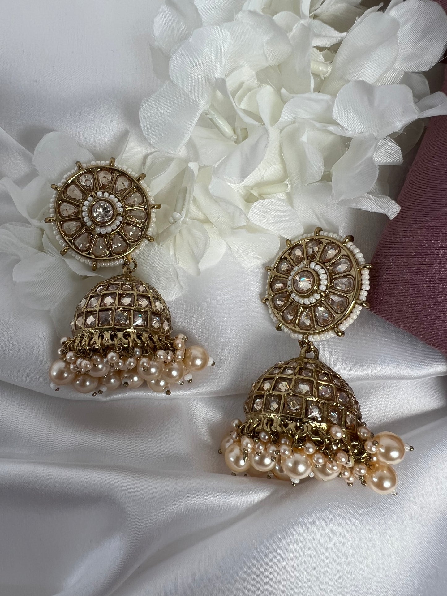 Mehndi plated pearl and stone jhmuka earrings E3034