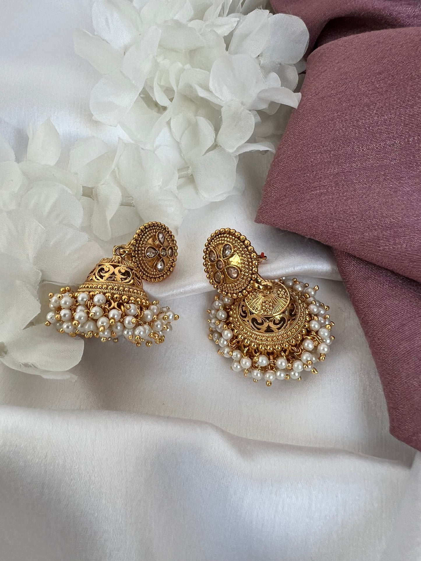 Gold plated pearl jhumka earrings E3029