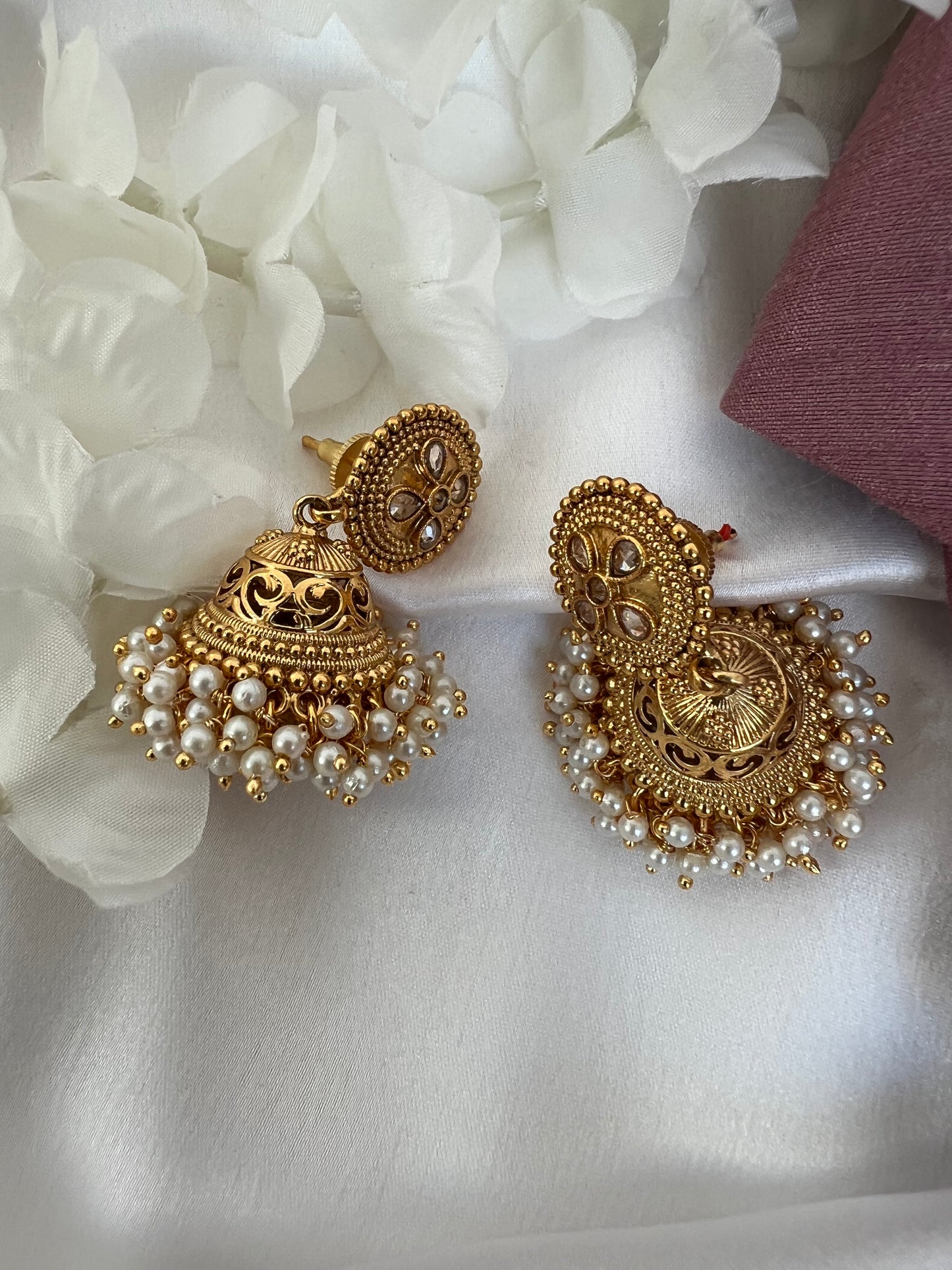 Gold plated pearl jhumka earrings E3029