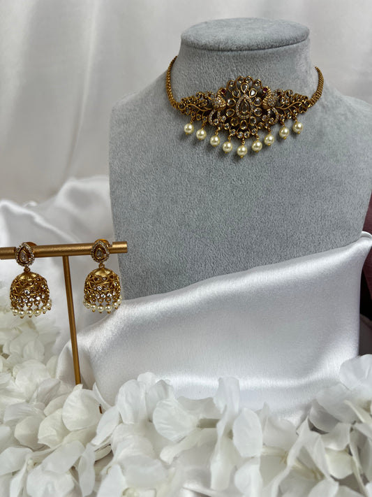 VINO - Small golden Cz stones golden choker with small jhumkas N3113