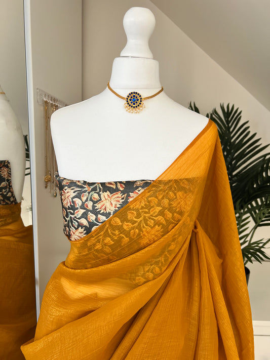 Mustard yellow crushed chiffon saree with a simple woven shine with printed matching silk blouse S3010