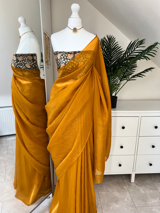 Mustard yellow crushed chiffon saree with a simple woven shine with printed matching silk blouse S3010