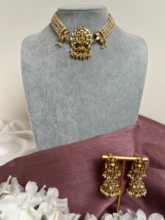 Antique temple pearl choker with golden balls and matching jhumkas N3172