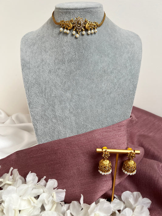 Small dainty golden peacock choker with matching jhumka N3141