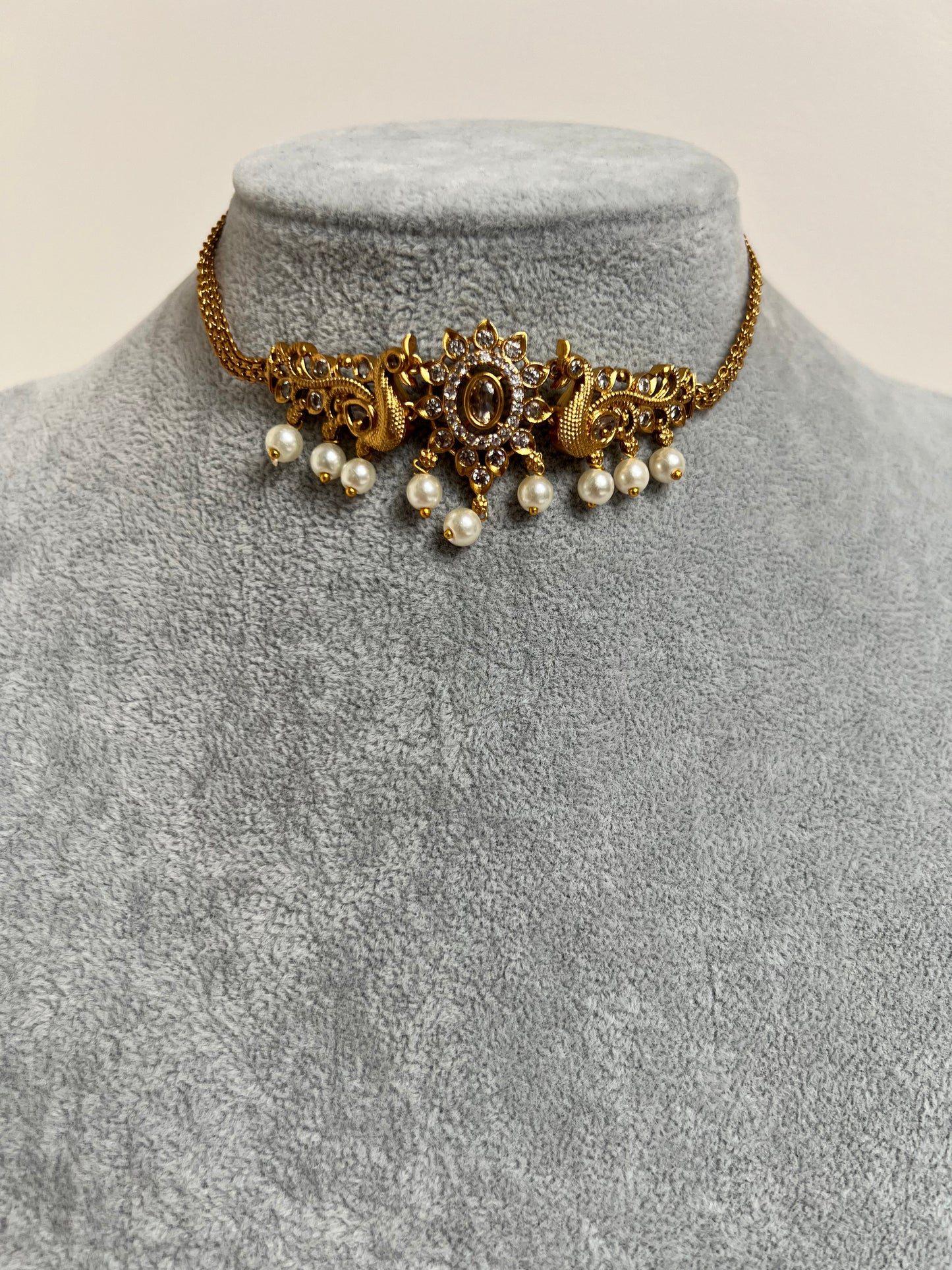 Small dainty golden peacock choker with matching jhumka N3141