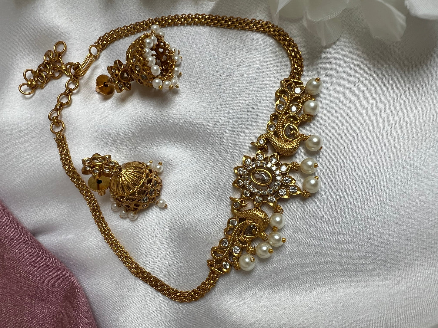Small dainty golden peacock choker with matching jhumka N3141